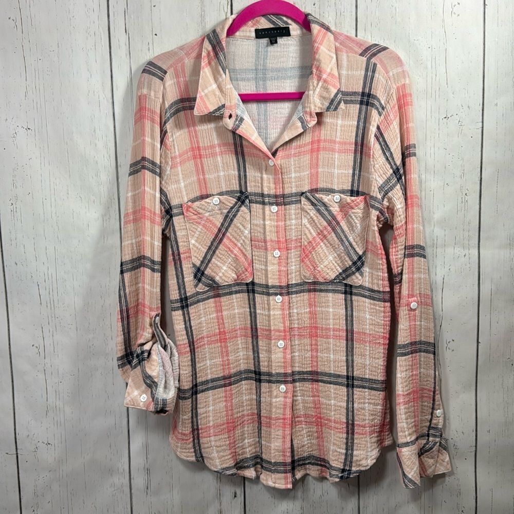 Sanctuary Pink Plaid Button Front Shirt XL Boho Coastal Grandmother Gauze Casual